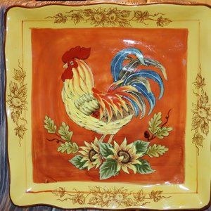 Orange Rooster Hand Painted Platter 11.5” Square Serving Plate Floral Trim (2)